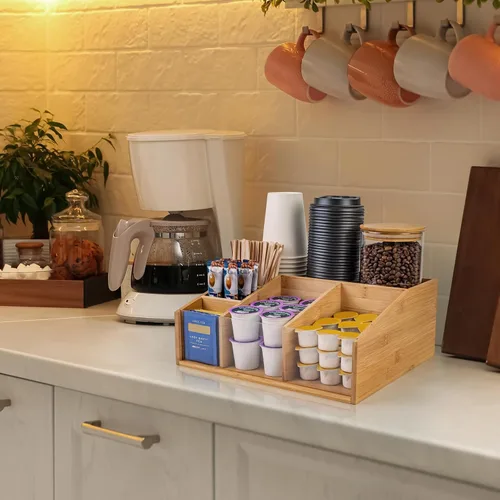 Vista 7 de Organizador de estación de café de bambú para encimera, organizador de accesorios de barra de café con 6 compartimentos para bolsas de té