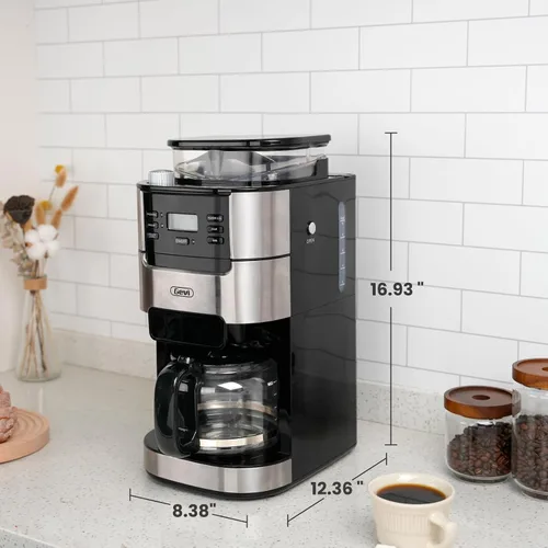 Vista 6 de Gevi Cafetera de 10 tazas con molinillo de rebabas integrado, temporizador programable, tanque de agua de 1.5L, filtro reutilizable y placa