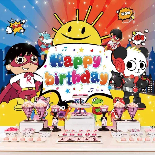 Vista 3 de Ryans World - Fondo de fondo para fiestas de niños fondo rojo para decoración de fiesta de cumpleaños 7 x 5 pies