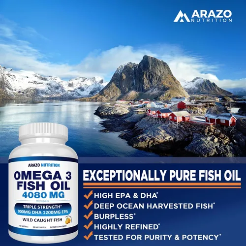 Vista 6 de Arazo Nutrition Concentrado de aceite de pescado omega-3 capturado en la naturaleza – 4,080 mg por porción – EPA alto 1200 mg y DHA 900 mg – 60