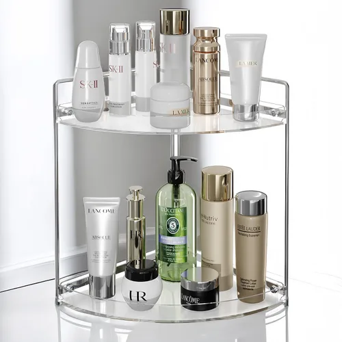 Vista 3 de Organizador de maquillaje de esquina de 2 niveles para tocador, organizador de encimera de baño acrílico, organizador de bandeja de perfume