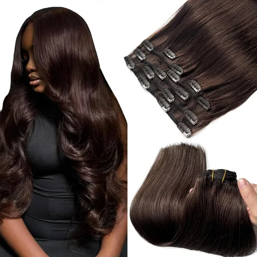 Vista 18 de Extensiones de cabello con clip Ubetta de cabello humano real, extensiones de cabello negro azabache con clip, 7 piezas, 70 g, extensiones