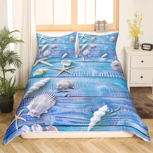 Vista 3 de Erosebridal Hawaii - Juego de funda de edredón de playa individual, color azul océano, funda de edredón de tablones de madera rústica, funda