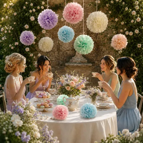 Vista 2 de ANSOMO Pompones de papel de seda pastel, decoraciones de fiesta, helado de arcoíris, flores de macarrón, para colgar en la pared, suministros