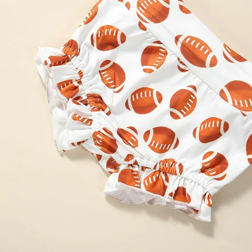 Vista 4 de Omkzanbi Traje de fútbol para bebé recién nacida, 3 piezas, para el día del juego, mameluco con volantes y pantalones cortos para volver a casa
