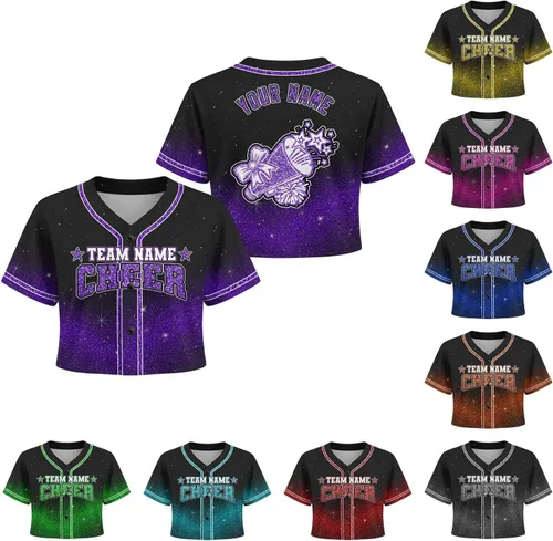 Vista 8 de Camiseta de béisbol de uniforme de animadora personalizada, camiseta de animadora para niñas, mujeres, jóvenes, niños, camiseta con purpurina