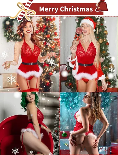 Vista 3 de Avidlove Christmas Lingerie Sets Women Garter Bustier Set Santa Babydoll Bodysuits Lace Chemise (No Stockings) S-XXL