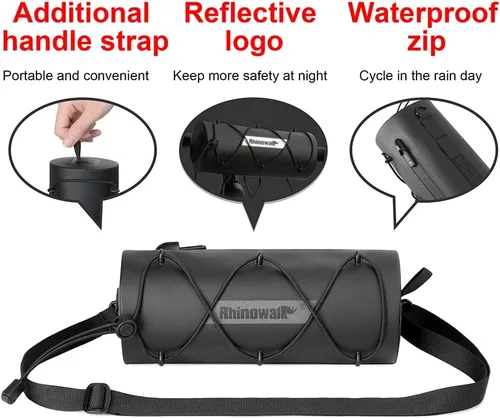 Vista 4 de Rhinowalk Bolsa de manillar impermeable para bicicleta, bolsa frontal de bicicleta, bolsa de almacenamiento enrollable Fram para bicicletas