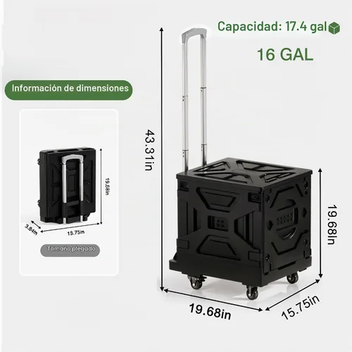 Vista 7 de VECELO Carrito de compras plegable 2 en 1 de 16 galones, carrito plegable con mango ajustable y ruedas de 360°, caja rodante de doble modo Negro