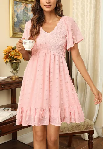 Vista 2 de Annebouti Vestido corto de verano para mujer, manga corta, cuello en V, volantes, floral, lunares suizos, fruncido