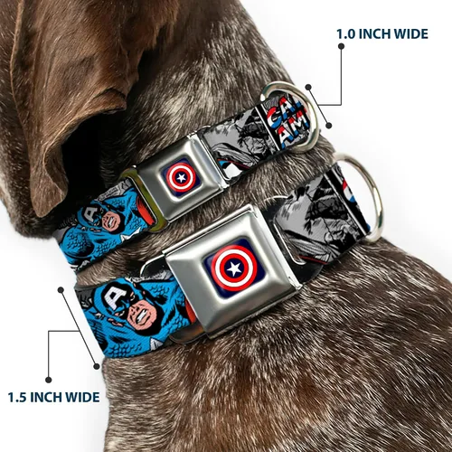 Vista 2 de Collar de perro con hebilla de cinturón de seguridad Capitán América 2 Poses Comic Blocks Grises Rojo Blanco Azul 9 a 15 pulgadas 1.0 pulgadas