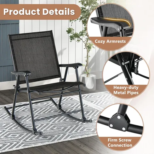 Vista 7 de Tangkula Juego de 2 mecedoras plegables para patio con tela de asiento transpirable y marco de metal resistente, movimiento mecedor suave, balancín