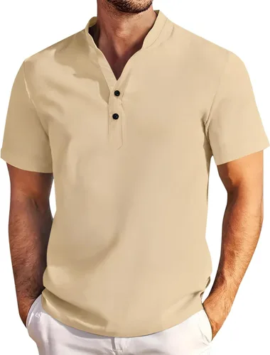 Vista 7 de Camisa de lino para hombre, manga larga, Henley, casual, verano, grande, alta, algodón, ligera, para negocios, trabajo, vacaciones, crucero