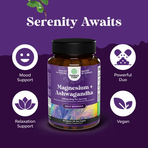 Vista 4 de Pure Calm - Suplemento relajante de glicinato de magnesio con Ashwagandha, magnesio para apoyo al estrés y facilidad de descanso para adultos