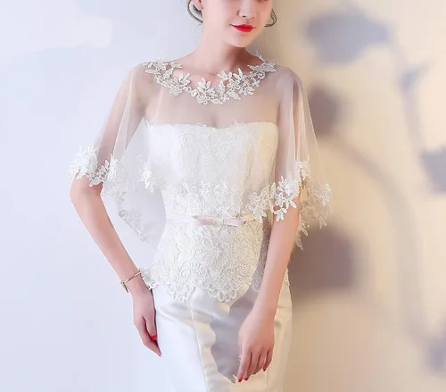 Vista 3 de Ayliss Chales de boda de encaje para mujer para novia bordados bolero capa de hombro para noche graduación vestido de fiesta