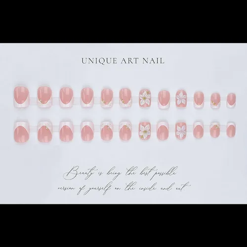 Vista 5 de Uñas postizas a presión con punta francesa, uñas postizas cuadradas cortas con diseños de cuentas de flores 3D, uñas blancas a presión, uñas Blanco