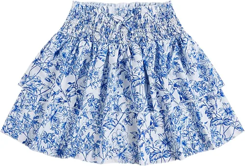 Vista 9 de RoseSeek Faldas de Capas Escalonadas Fruncidas Boho Smocked para Niña, Casuales, Lindas, de Cintura Alta, Plisadas, con Volantes, Fluidas, Elásticas