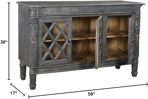 Vista 2 de Carmenita Carlyle - Aparador de 3 puertas de madera maciza con inserciones de vidrio, color gris