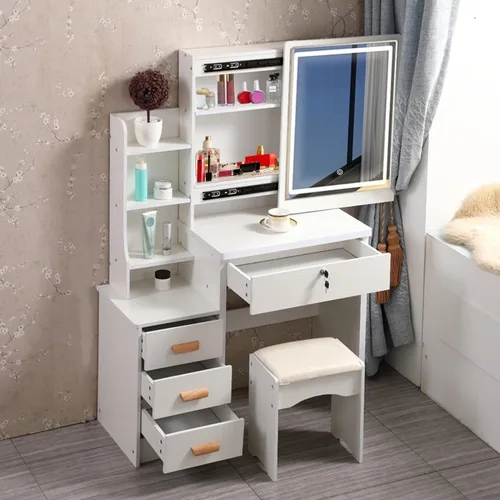 Vista 5 de Escritorio de tocador con espejo iluminado LED, mesa de tocador de maquillaje con 4 cajones para dormitorio, baño, tocador con luces, tocador
