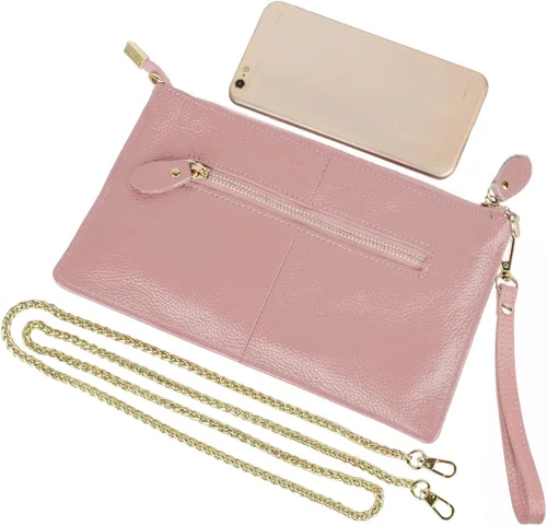 Vista 5 de YALUXE Clutch Wristlet - Cartera de piel auténtica con bloqueo RFID y cadena de hombro