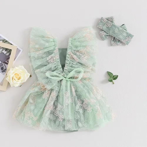 Vista 5 de Ursobutegl Mameluco de princesa para bebé recién nacida, vestido de malla bordado, elegante, tutú con falda, overol para cumpleaños