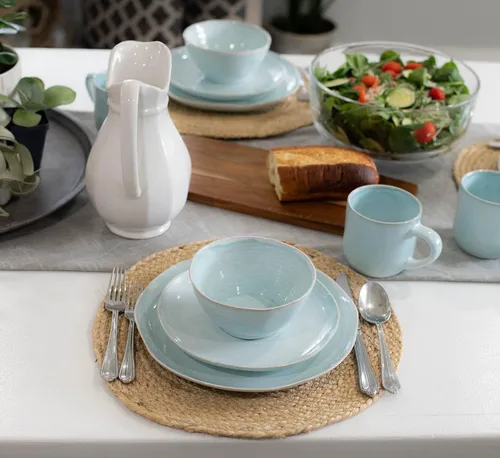 Vista 6 de Elanze Designs Reactive Glaze Farmhouse - Juego de vajilla rústica de cerámica bohemia de cerámica de 16 piezas, servicio para 4, color azul hielo