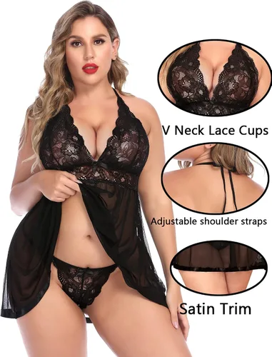 Vista 5 de Avidlove Ropa de dormir de malla para mujer, talla grande, lencería de encaje