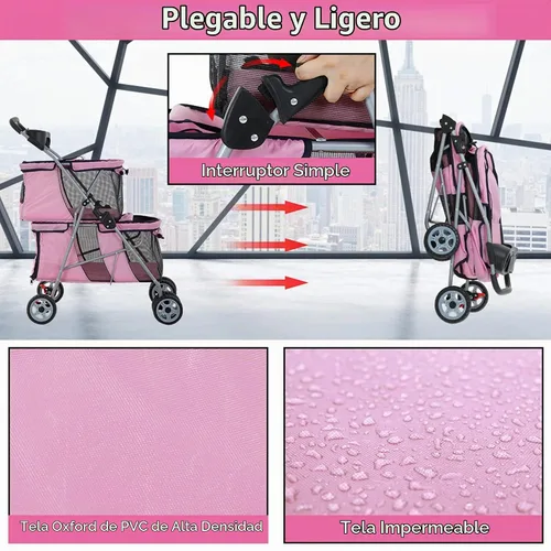 Vista 3 de Cochecito de perro de doble capa para 2 perros pequeños/gatos, 4 ruedas para mascotas con forro extraíble, cesta de almacenamiento, rotura de rueda