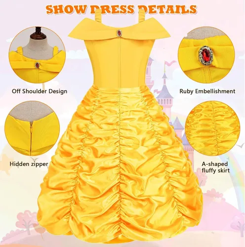 Vista 5 de Vestido de princesa para niñas, disfraz de Halloween con accesorios, ropa, cosplay, fiesta de cumpleaños, amarillo, 3-8 años