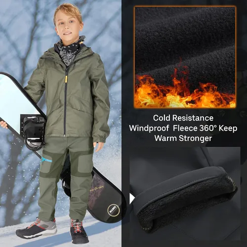Vista 3 de linlon Pantalones cargo de senderismo para niños y jóvenes, impermeables, con forro polar suave y forro polar, pantalones de nieve aislados, Nieve