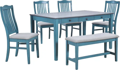 Vista 6 de Juego de mesa de comedor vintage de 6 piezas, juego de mesa de comedor de cocina de madera maciza con 4 sillas ergonómicas acolchadas y banco, mesa