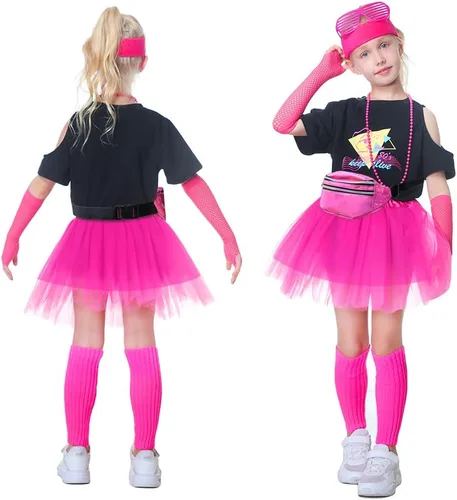 Vista 2 de Yulefly Juego de 9 accesorios de disfraz de los años 80 para niños, camiseta de fiesta, tutú elegante, para cosplay, fiesta de los años 80 para niñas