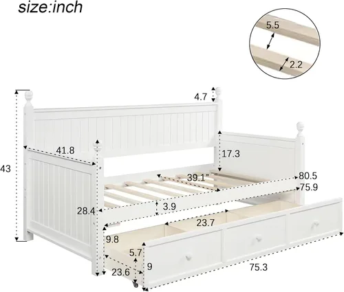 Vista 2 de Harper & Bright Designs Sofá cama de madera con tres cajones inseparables, marco de sofá cama de tamaño individual, estilo moderno para dormitorio