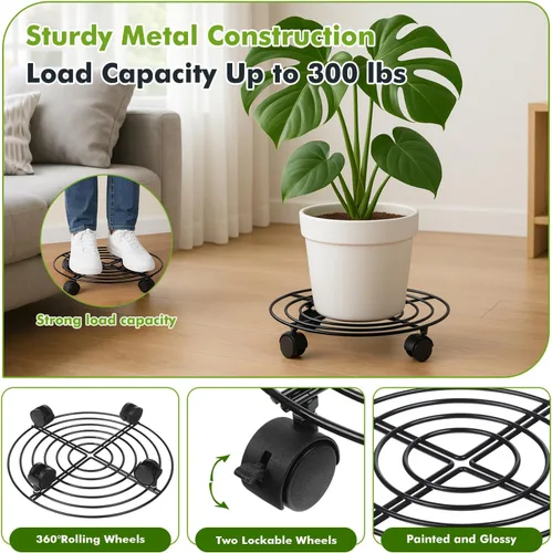 Vista 4 de Paquete de 3 organizadores grandes de metal para plantas con ruedas de 13.8 pulgadas, soporte rodante resistente con ruedas para macetas