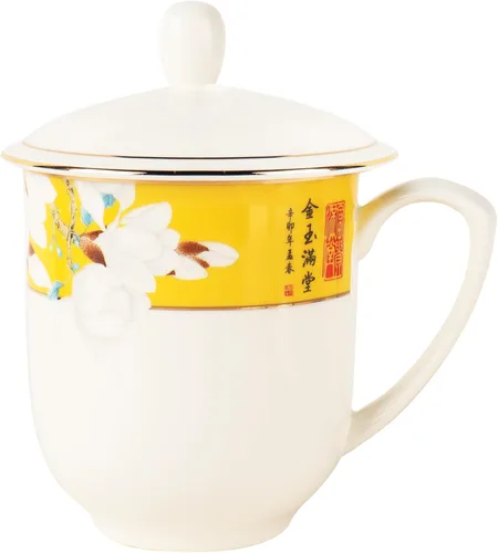 Vista 7 de Jingdezhen - Taza de té de porcelana fina con tapa de 12 onzas, taza de porcelana blanca para oficina y hogar (azul y blanco)