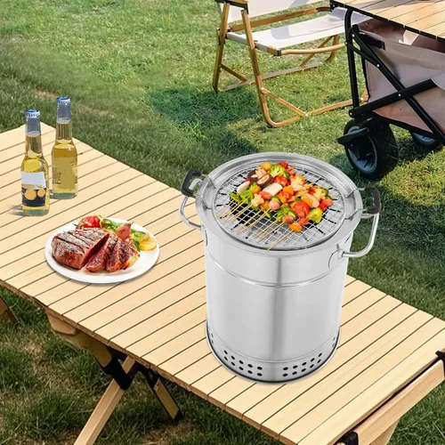 Vista 6 de Parrilla cilíndrica de carbón de acero inoxidable, 13 x 15 pulgadas, sin humo, para colgar en kebob, pequeña parrilla portátil sin humo de carbón