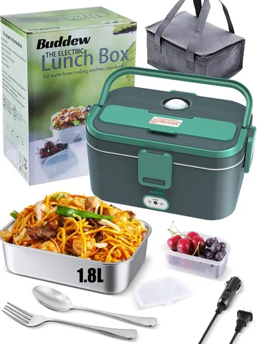 Vista 10 de Buddew Lonchera eléctrica para adultos, lonchera térmica de 80 W, calentador de alimentos portátil de acero inoxidable de 1.8 L, 12/24/110 V