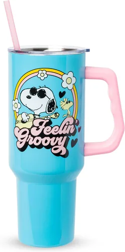 Vista 23 de Silver Buffalo Adventure Time With BMO - Vaso de acero inoxidable de doble pared con asa y pajilla, cabe en portavasos estándar, 40 onzas