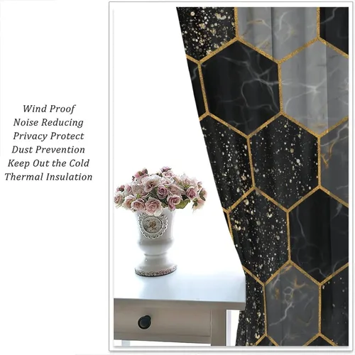 Vista 99 de Cortinas Negras con Dobladillo Dorado, Cortinas Opacas con Bolsillo para Barra con Estampado de Rayas de Foil en Onda Dorada para Decoración de Negro
