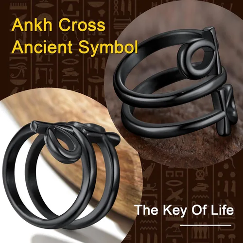 Vista 4 de ChainsProMax Puede grabar anillos de cruz Ankh para hombres y mujeres, anillo de mitología de joyería egipcia, acero inoxidable, chapado en oro