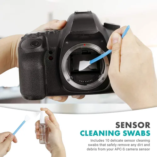 Vista 3 de Movo Deluxe Essentials - Kit de limpieza de cámara DSLR con 10 hisopos de limpieza APS-C, líquido de limpieza de sensor, soplador de aire de cohete