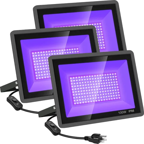 Vista 8 de YANYCN Paquete de 2 Luces LED Negras de 200W, Reflector de Luz Negra para Halloween al Aire Libre con Enchufe e Interruptor, Impermeable IP66