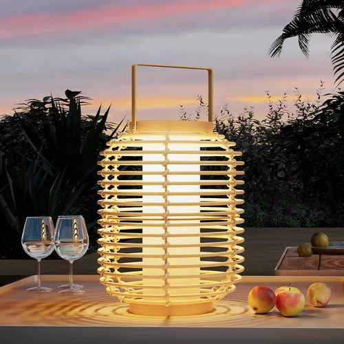 Vista 17 de Solar Yard Lámpara de pie para exteriores, luces de patio, farol con energía solar, resistente a la intemperie, luces de mimbre para terraza