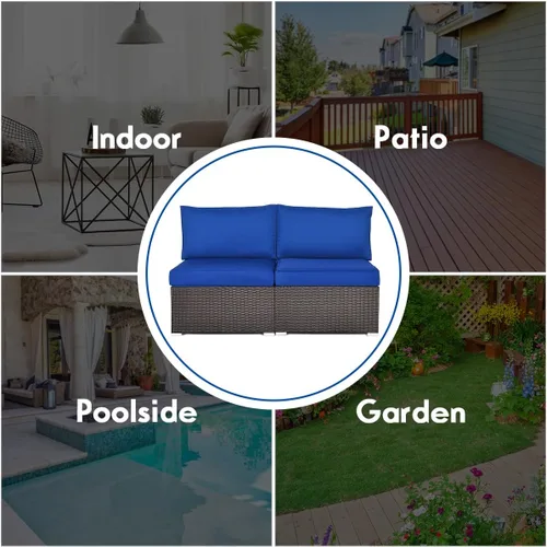 Vista 6 de COSTWAY Juego de 2 sofás de ratán de polietileno sin brazos, sillas de mimbre para patio con cojín suave, muebles seccionales al aire libre