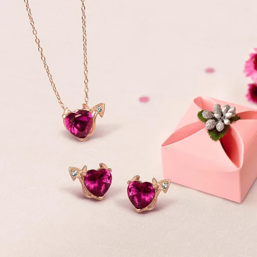 Vista 7 de Romantic Cubic Zirconia Red AAA CZ Infinity Sexy Devil Heart Necklace Stud Earring Pendant Jewelry Set For Women Teen Rose Gold Plated .925 Sterling