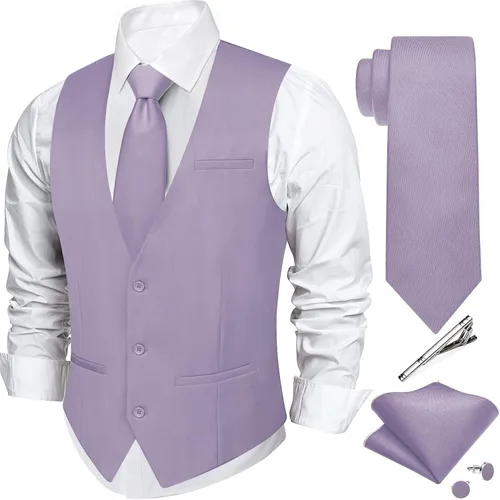 Vista 18 de DiBanGu Mens Vest Tie Set 5PCS Formal Dress Waistcoat Light Grey
