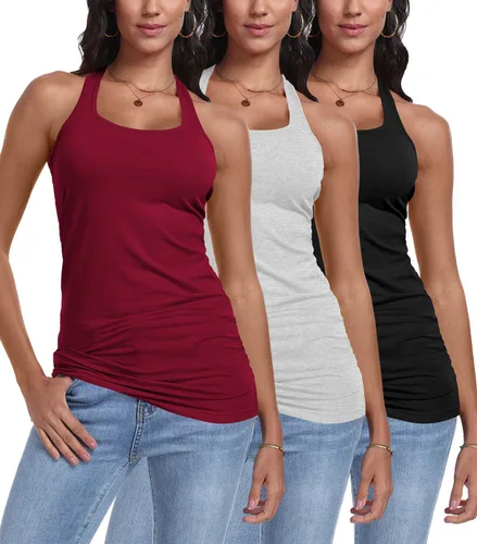 Vista 10 de Paquete de 3 camisetas sin mangas con espalda cruzada para mujer Negro+blanco+rosa