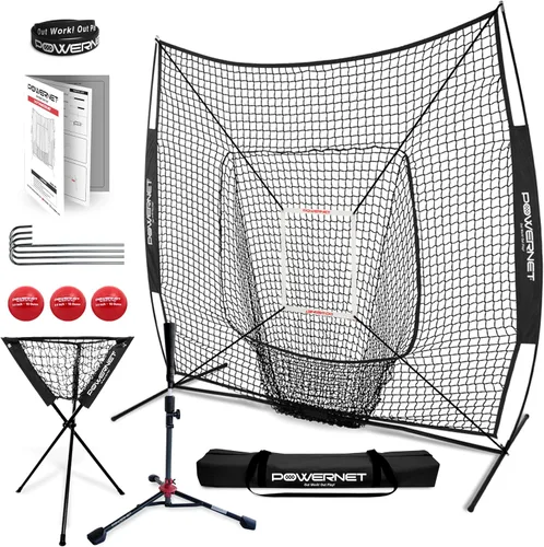 Vista 9 de PowerNet Baseball Softball Practice Net 7x7 with Baseball Accessories for Practice Pitching, Batting & Fielding, Ball Caddy, Weighted Baseballs, Tee