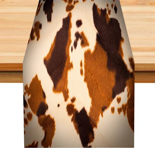 Vista 46 de Camino de mesa con estampado de piel de vaca, lino y algodón, rústico, estilo occidental, color negro, marrón, piel de vaca, para decoración