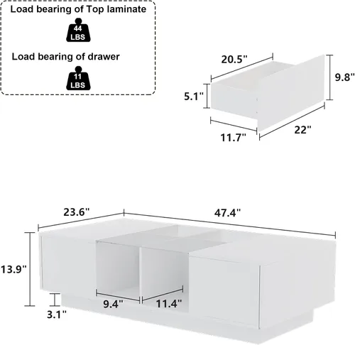 Vista 2 de ECACAD Moderna mesa auxiliar LED con cajones y compartimentos abiertos, mesa central rectangular con parte superior de cristal para sala de estar